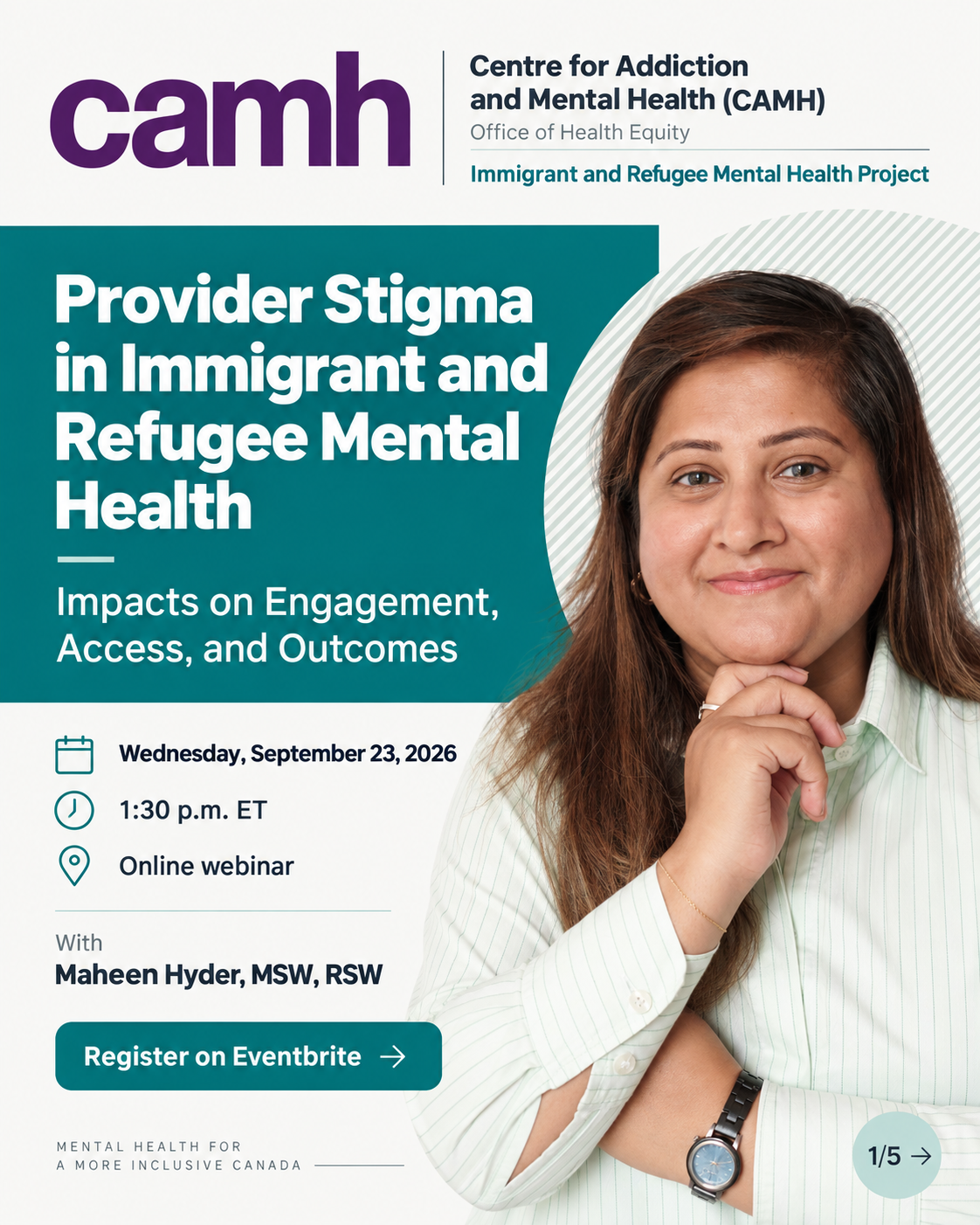 Provider Stigma in Immigrant and Refugee Mental Health — title slide with Maheen Hyder, Wednesday September 23, 2026, 1:30 PM ET, online webinar