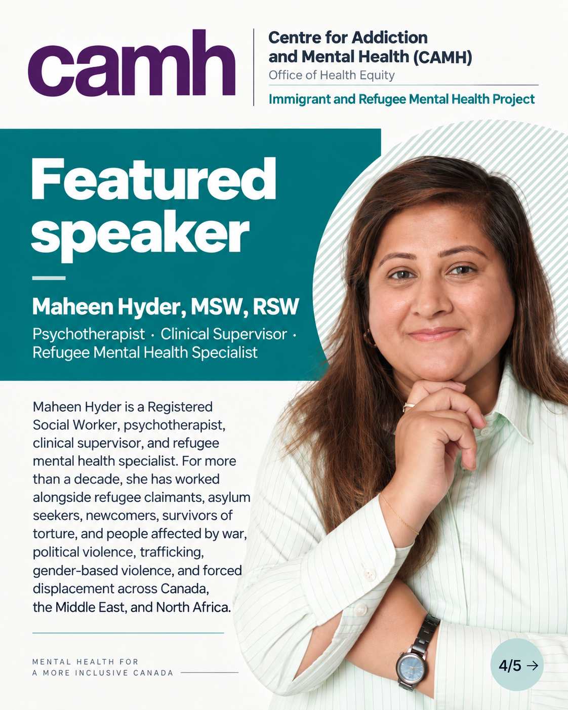 Featured speaker Maheen Hyder (MSW, RSW) — Psychotherapist, Clinical Supervisor, Refugee Mental Health Specialist
